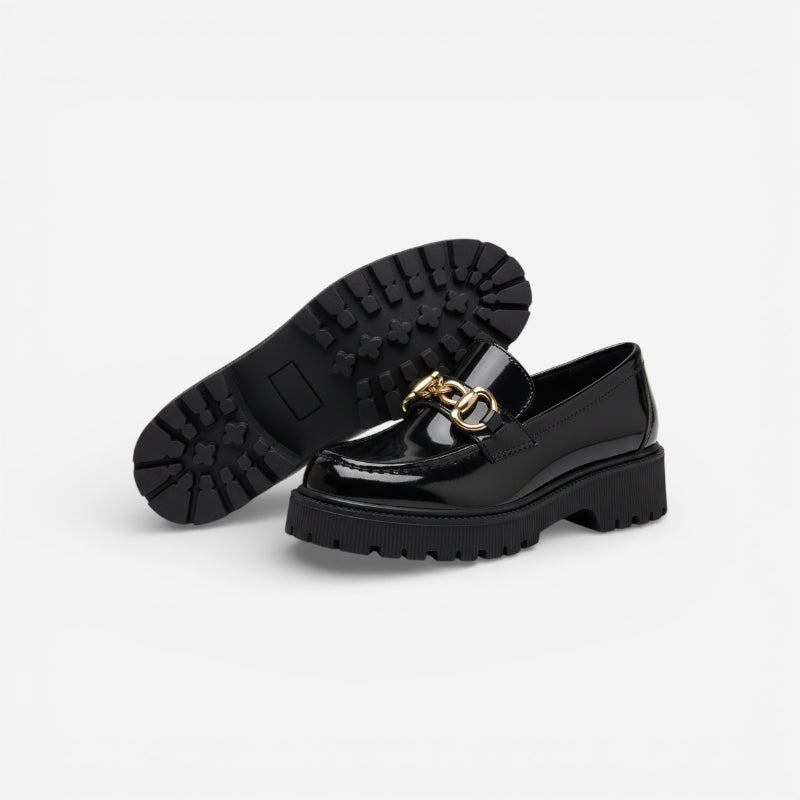 Mocassin En Cuir Noir Plateforme Vernis Brillant Chainette Femme
