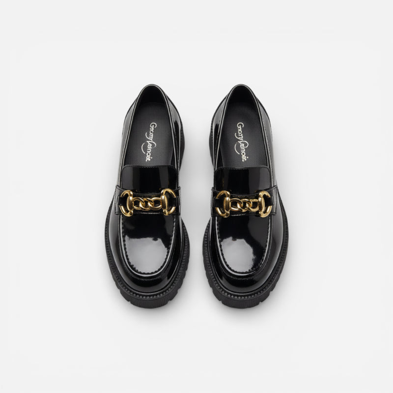 Mocassin En Cuir Noir Plateforme Vernis Brillant Chainette Femme