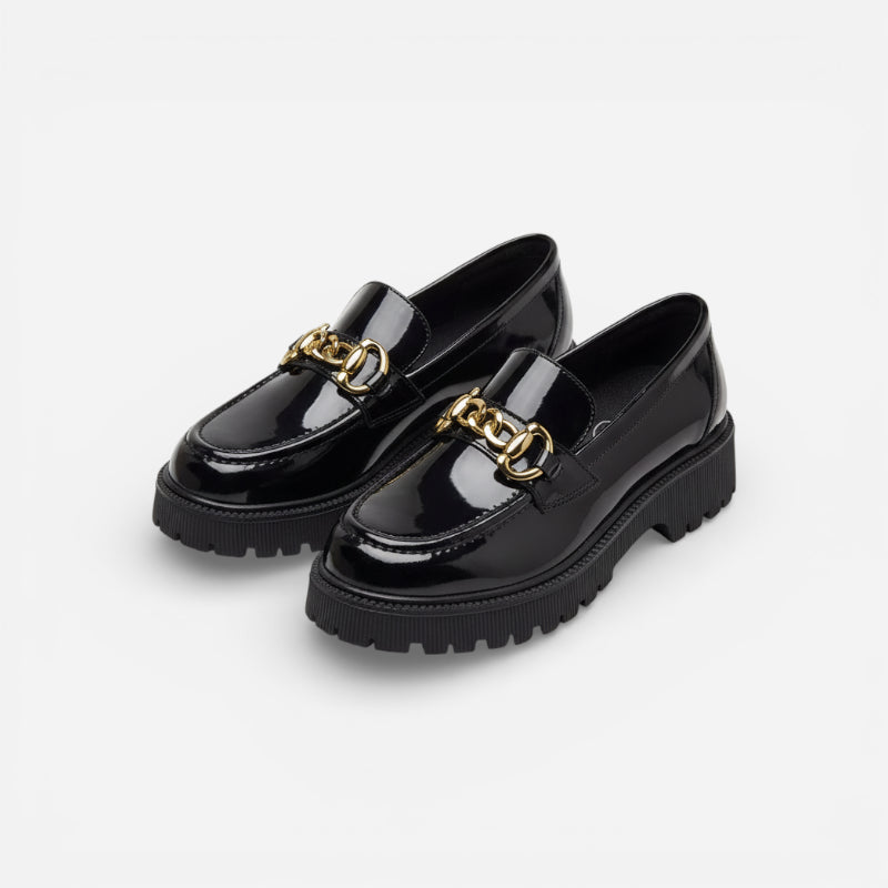 Mocassin En Cuir Noir Plateforme Vernis Brillant Chainette Femme