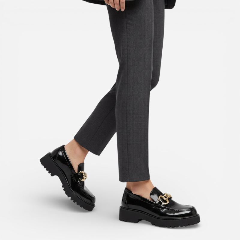 Mocassin En Cuir Noir Plateforme Vernis Brillant Chainette Femme