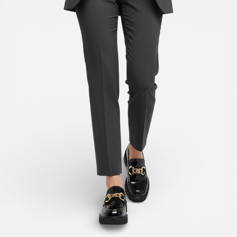 Mocassin En Cuir Noir Plateforme Vernis Brillant Chainette Femme