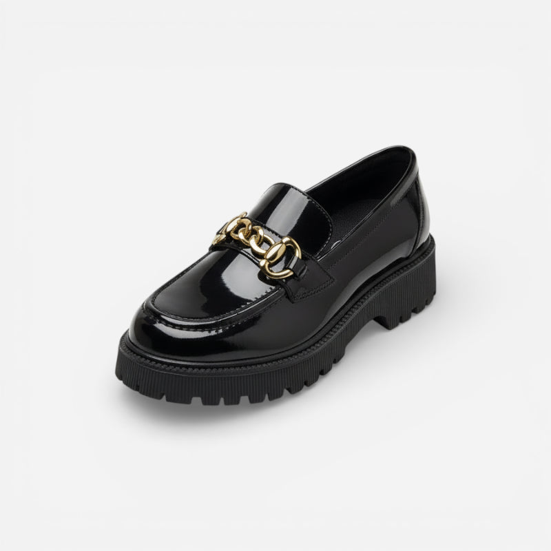 Mocassin En Cuir Noir Plateforme Vernis Brillant Chainette Femme