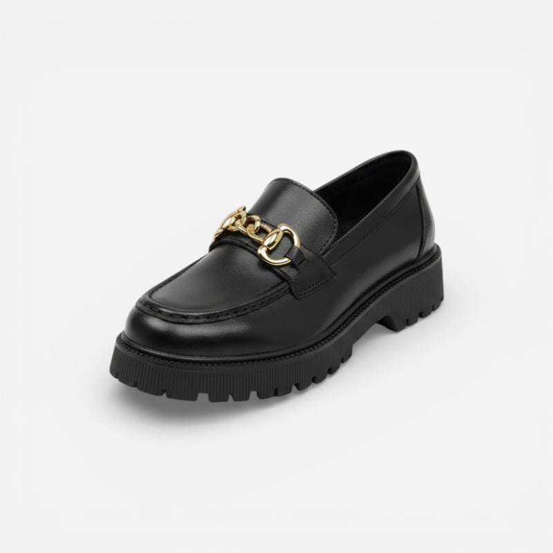 Mocassin Plateforme Femme Noir Chainnette Dorée