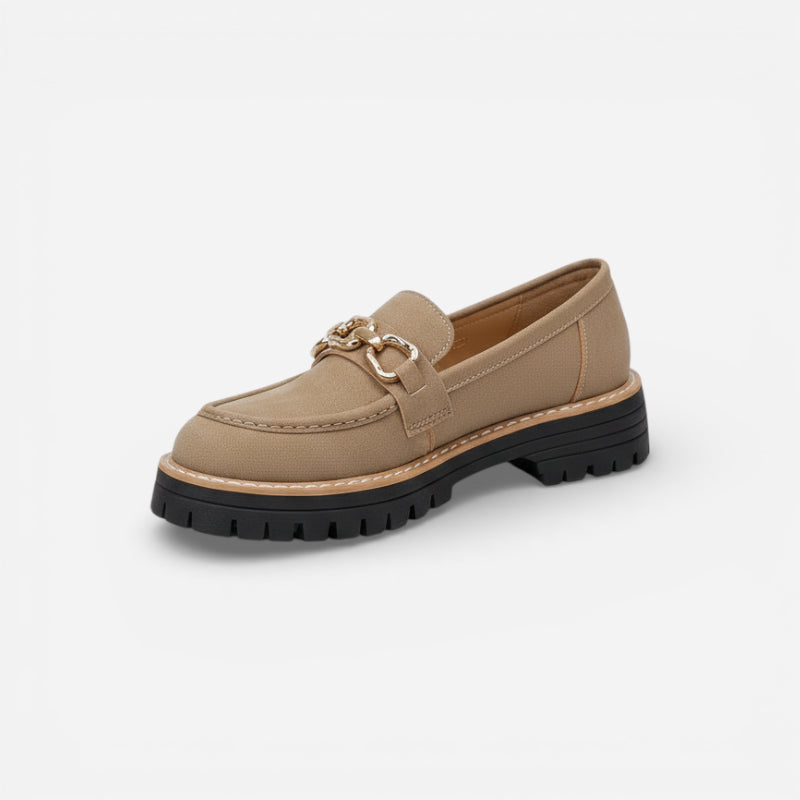 Mocassin Compensé Daim Camel Chainette Femme