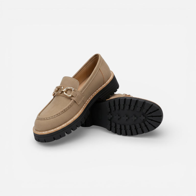 Mocassin Compensé Daim Camel Chainette Femme