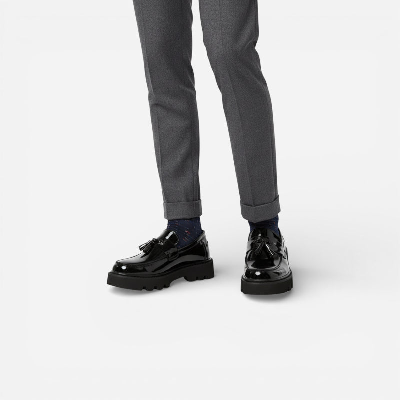 Mocassin Plateforme Vernis Noir À Glands Pour Homme