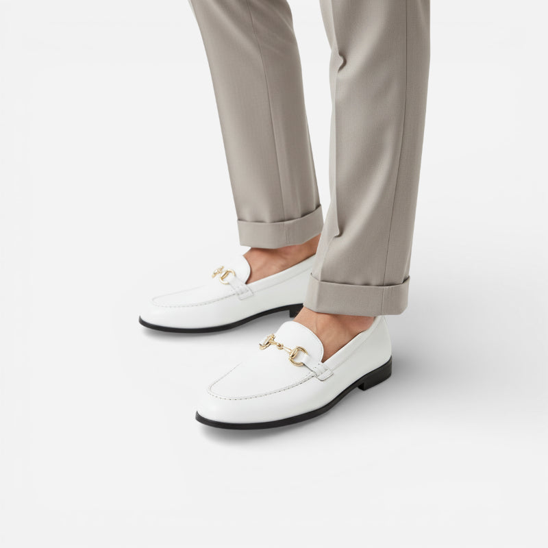 Mocassin Cuir Blanc Avec Mors Doré Chic Homme