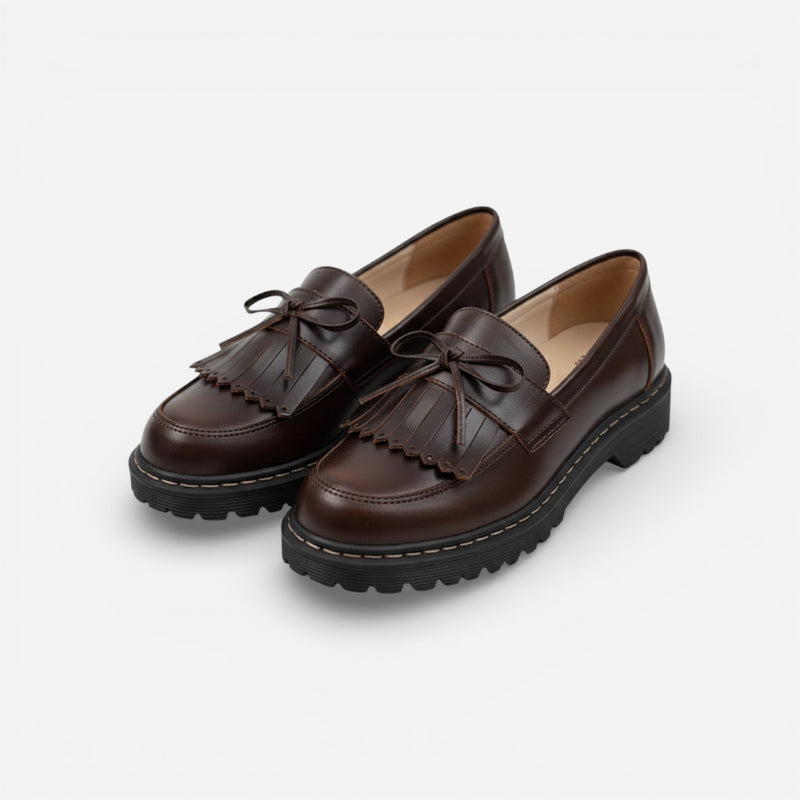 Mocassin En Cuir Marron Foncé Frange Et Lacets Noeud Papillon Femme