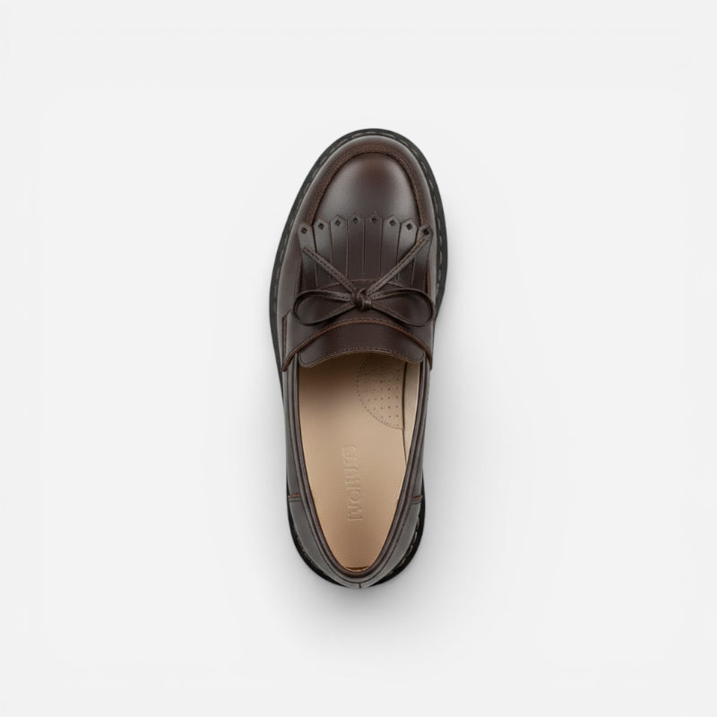 Mocassin En Cuir Marron Foncé Frange Et Lacets Noeud Papillon Femme