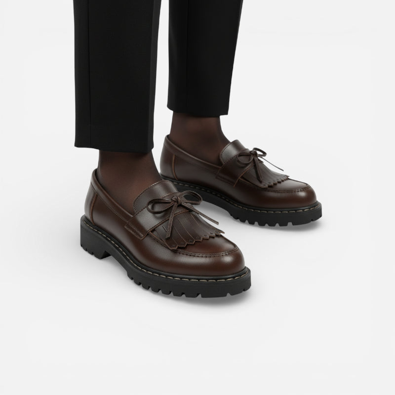 Mocassin En Cuir Marron Foncé Frange Et Lacets Noeud Papillon Femme