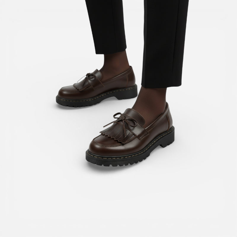 Mocassin En Cuir Marron Foncé Frange Et Lacets Noeud Papillon Femme