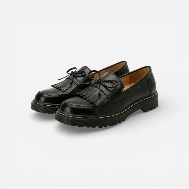 Mocassin Cuir Noir Indien Avec Frange Et Noeuds Papillon Femme