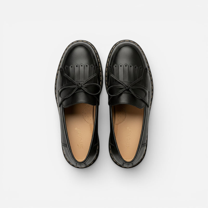 Mocassin Cuir Noir Indien Avec Frange Et Noeuds Papillon Femme