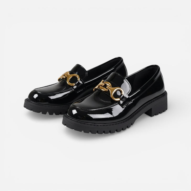 Mocassin Semelle Epaisse En Cuir Noir Vernis Pour Femme