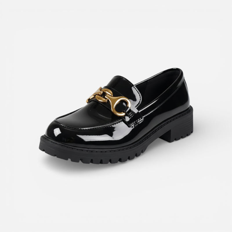 Mocassin Semelle Epaisse En Cuir Noir Vernis Pour Femme