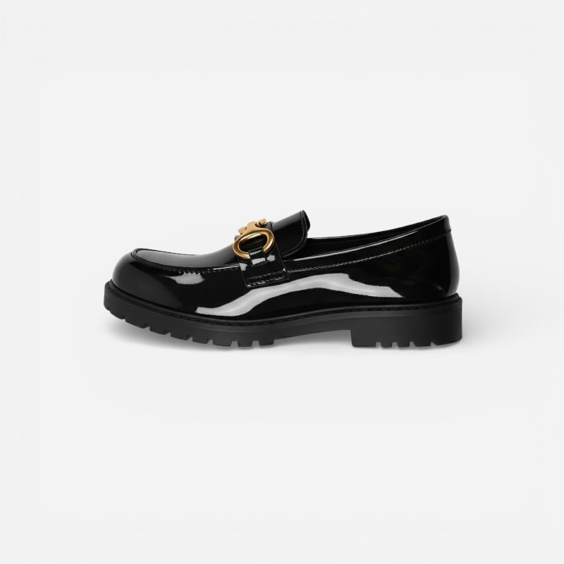 Mocassin Semelle Epaisse En Cuir Noir Vernis Pour Femme