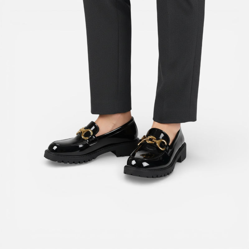 Mocassin Semelle Epaisse En Cuir Noir Vernis Pour Femme