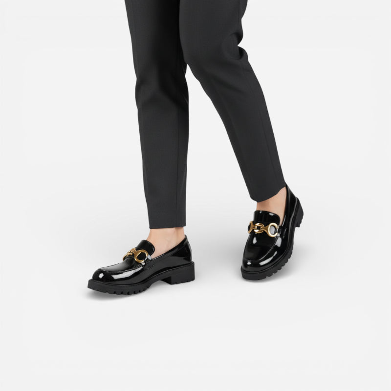 Mocassin Semelle Epaisse En Cuir Noir Vernis Pour Femme