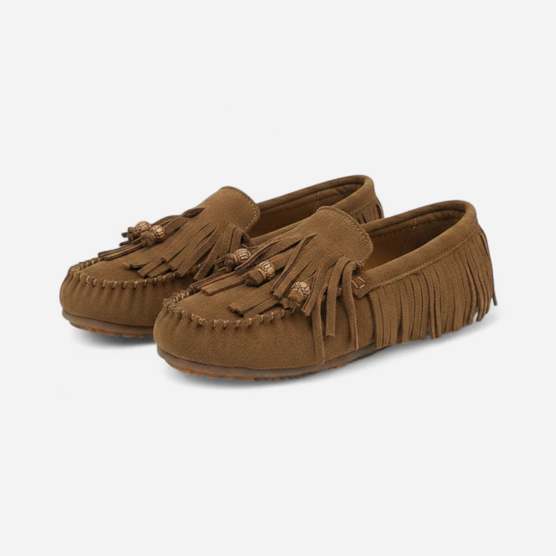 Mocassin Indien En Daim Marron À Frange Pour Femme