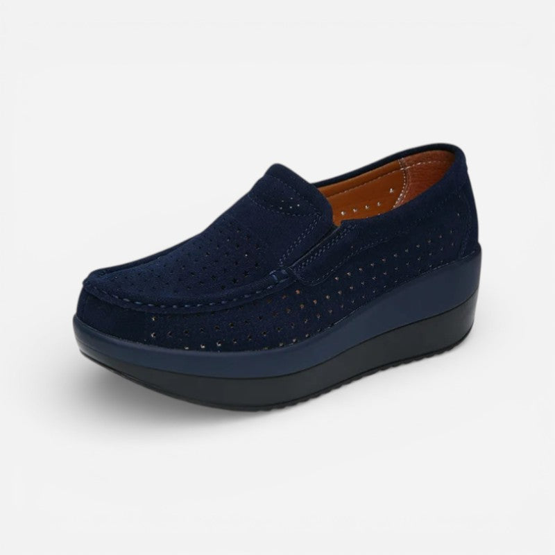 Mocassin En Daim Bleu Marine Plateforme Respirant Femme