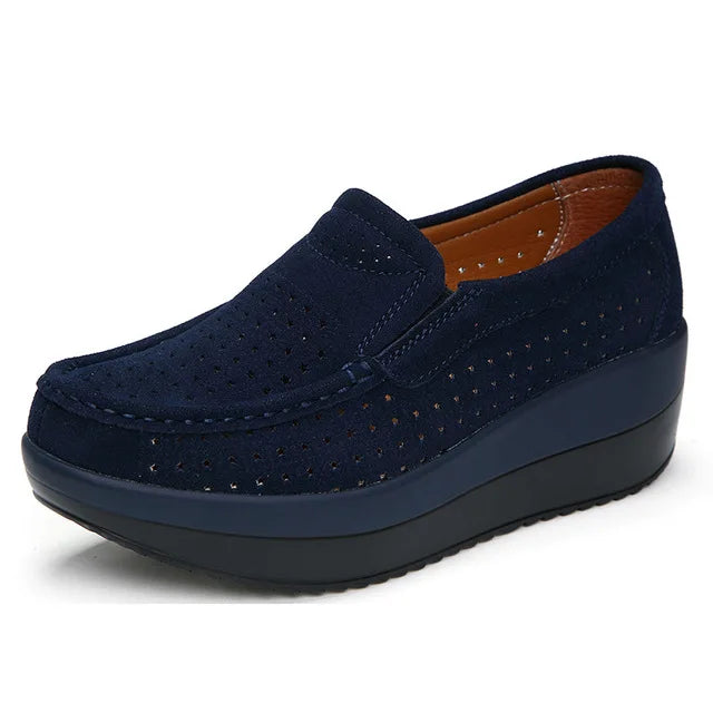 Mocassin En Daim Bleu Marine Plateforme Respirant Femme