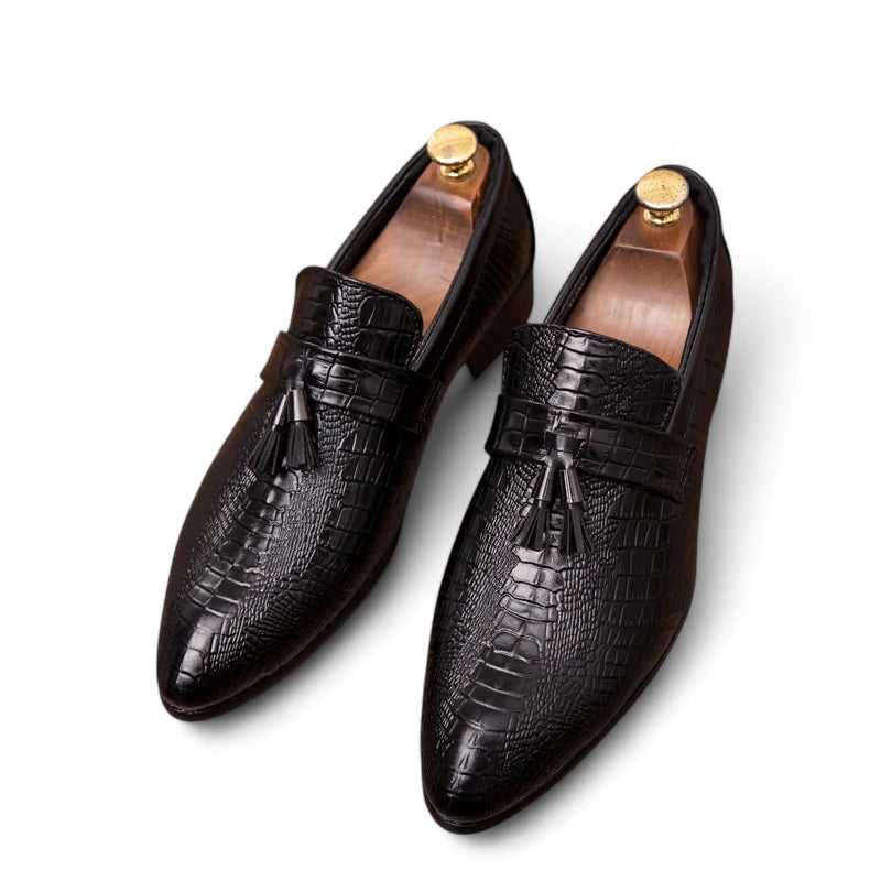 Mocassin En Cuir Vernis Noir écailles Homme