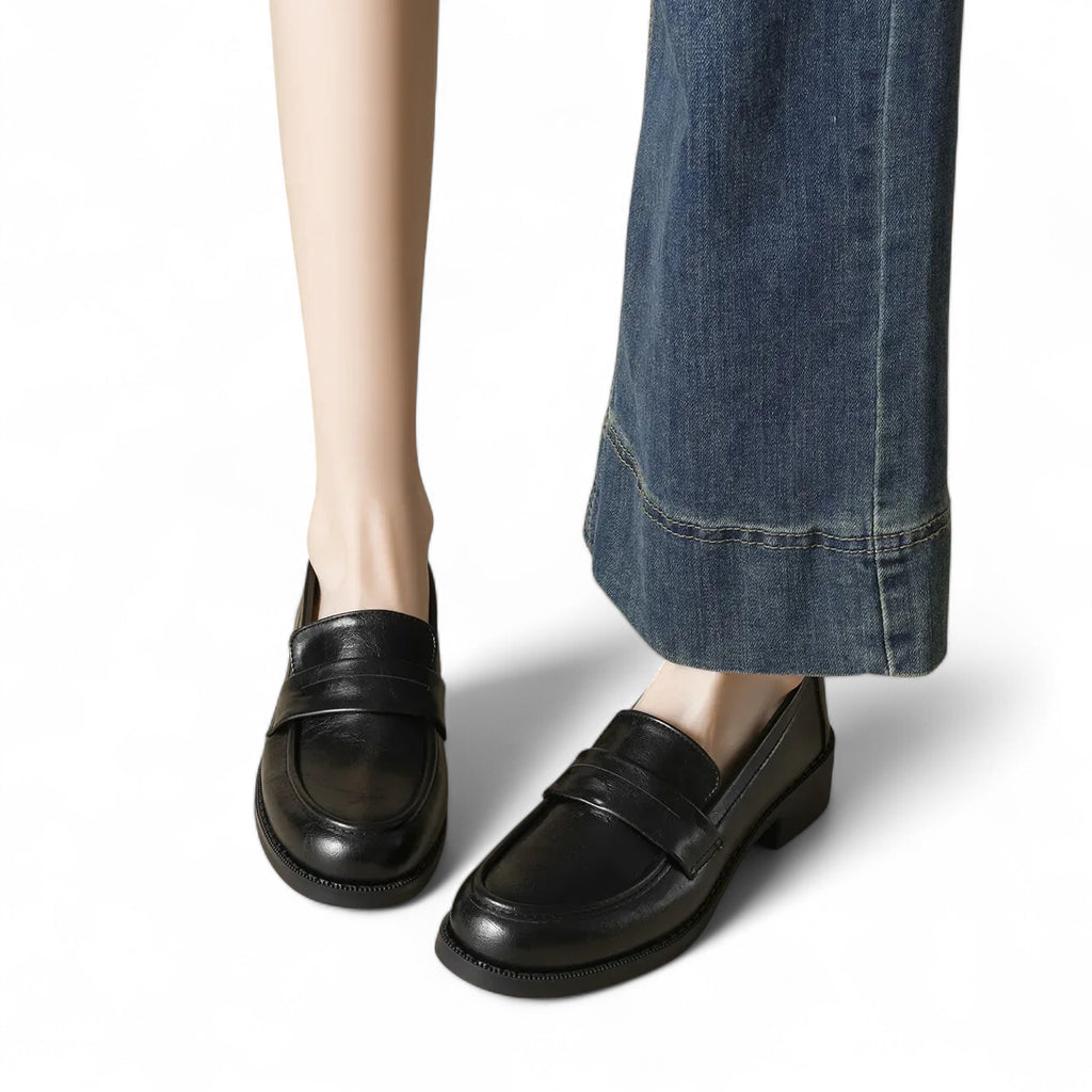 Mocassin En Cuir Vernis Noir à Talon Pour Femme