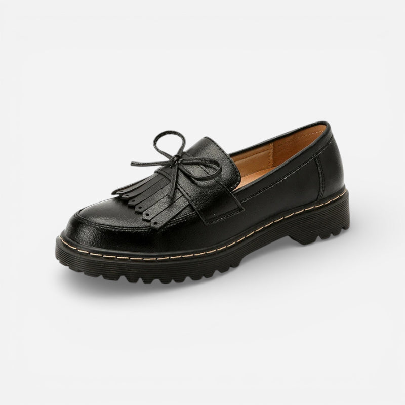 Mocassin Cuir Noir Indien Avec Frange Et Noeuds Papillon Femme