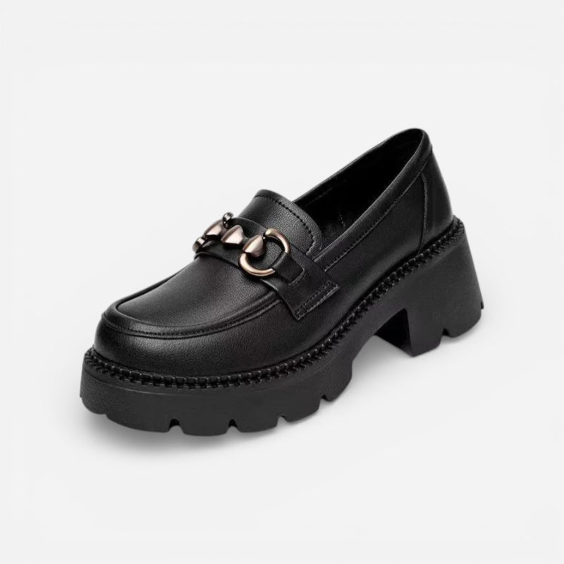 Mocassin Cuir Mat Noir Plateforme Chainette Argentée Femme