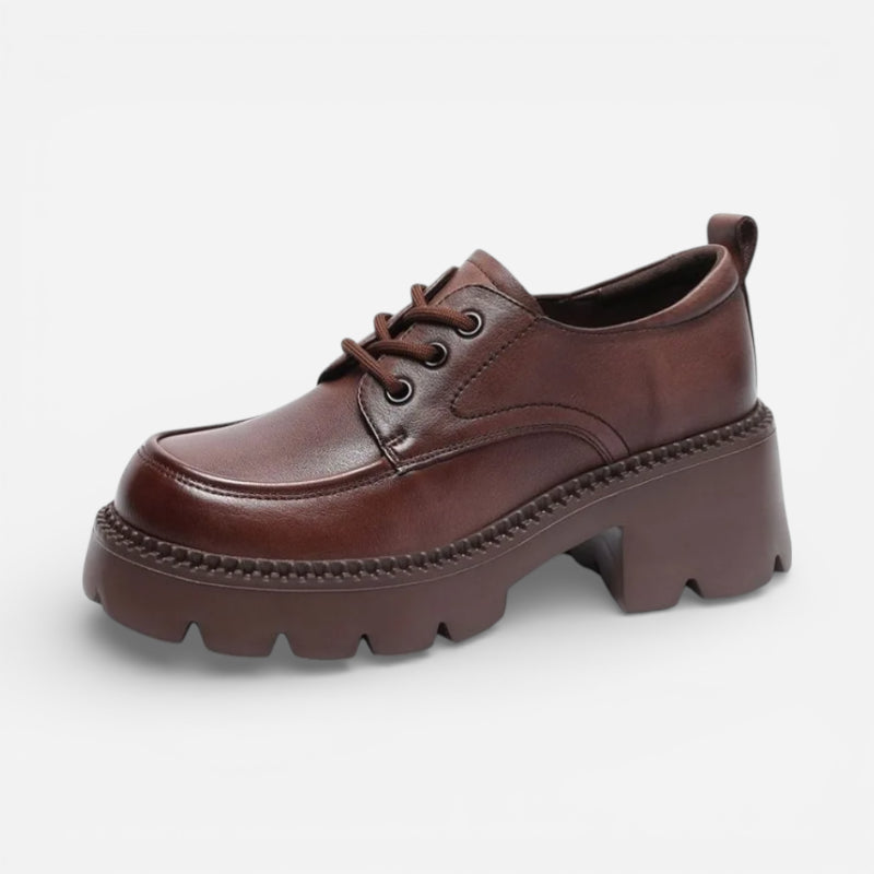 Mocassin Plateforme Cuir Marron À Lacet Et Talon Femme