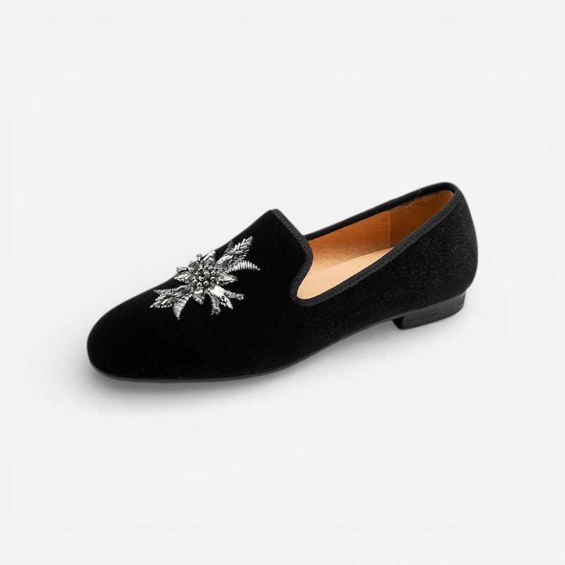 Mocassin Daim Noir Fleur Argenté Femme