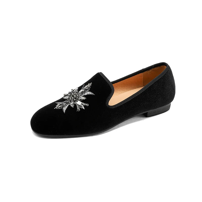 Mocassin Daim Noir Fleur Argenté Femme