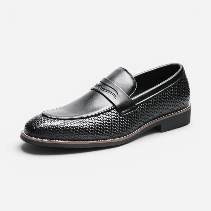 Mocassin Noir Cuir Tréssé Classe Élégant Homme