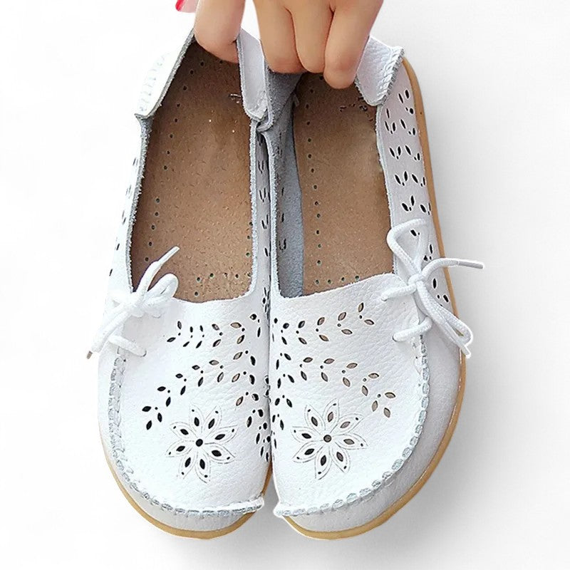 Mocassin Femme Cuir Respirant Motif Blanc