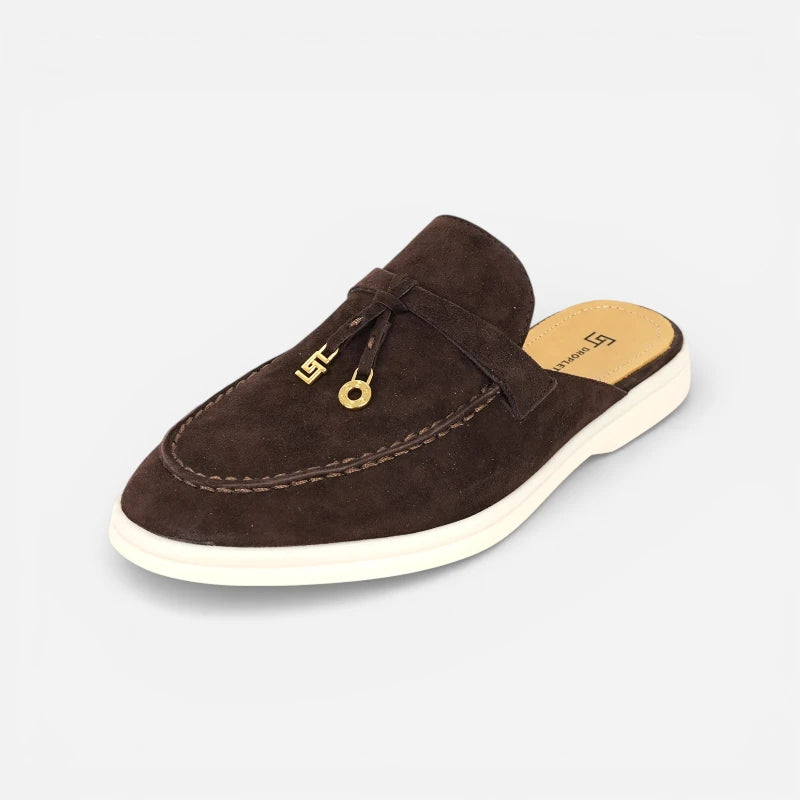 Mocassin Ouvert En Daim Très Foncé Pour Femme