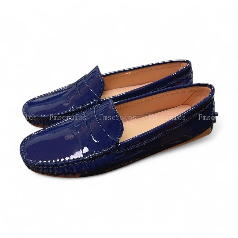 Mocassin Cuir Bleu Marine Vernis Femme