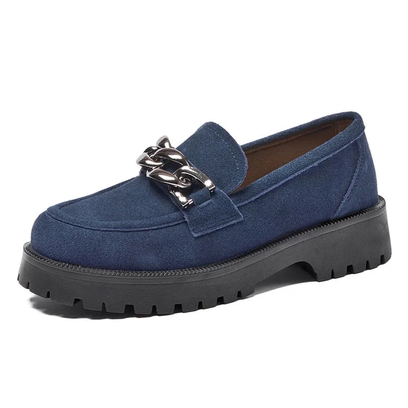 Mocassin En Daim Bleu Marine Chainette Plateforme Pour Femme