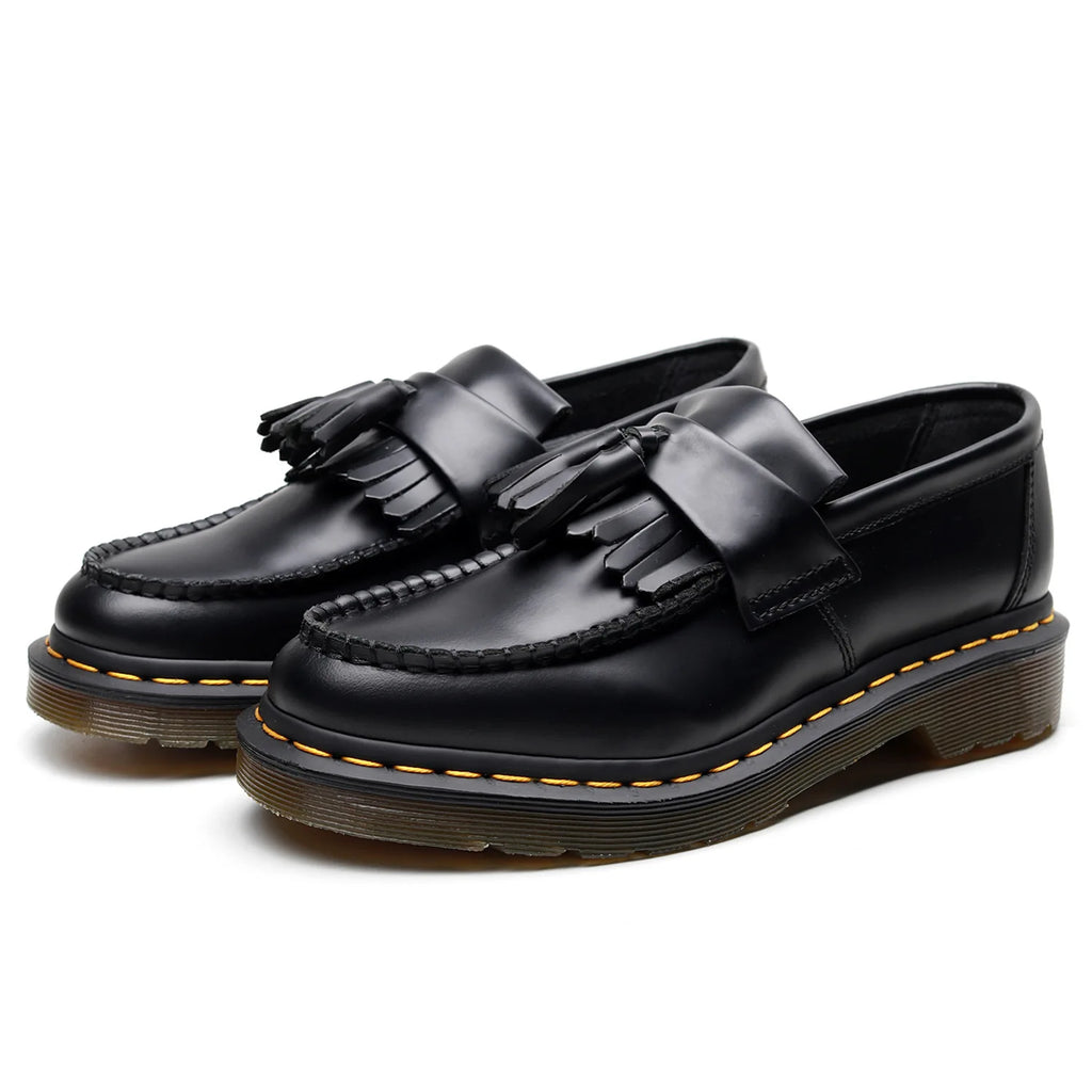 Mocassin En Cuir Véritable Noir À Glands Et Frange Surpiqure Jaune