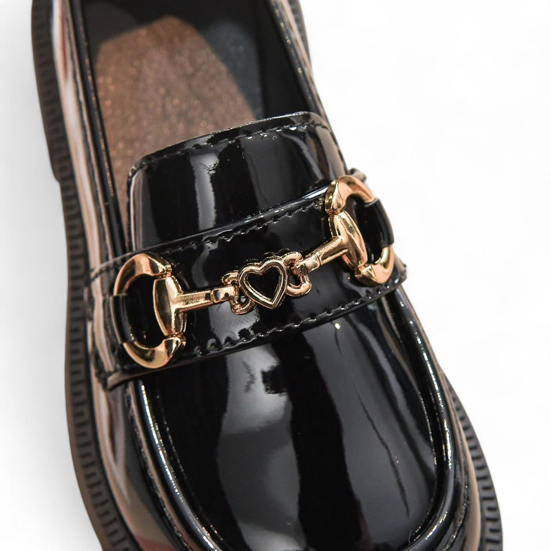 Mocassin Noir Enfant Chainette En Cuir Vernis