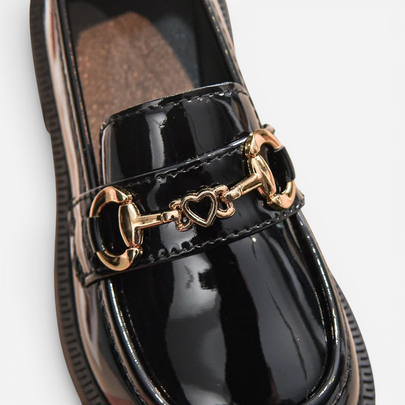 Mocassin Noir Enfant Chainette En Cuir Vernis