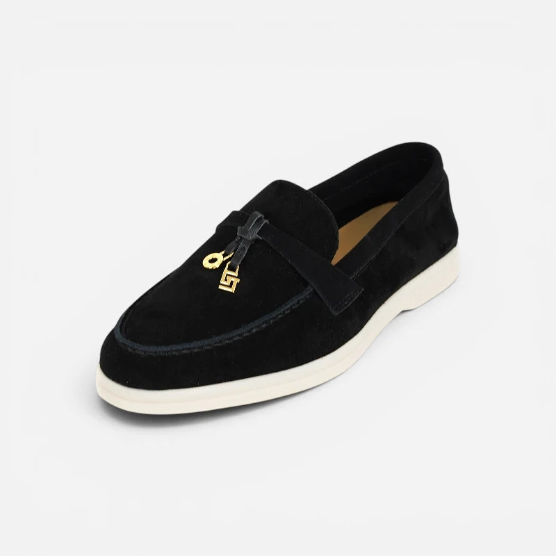 Mocassin Daim Noir Luxe Glands Dorés