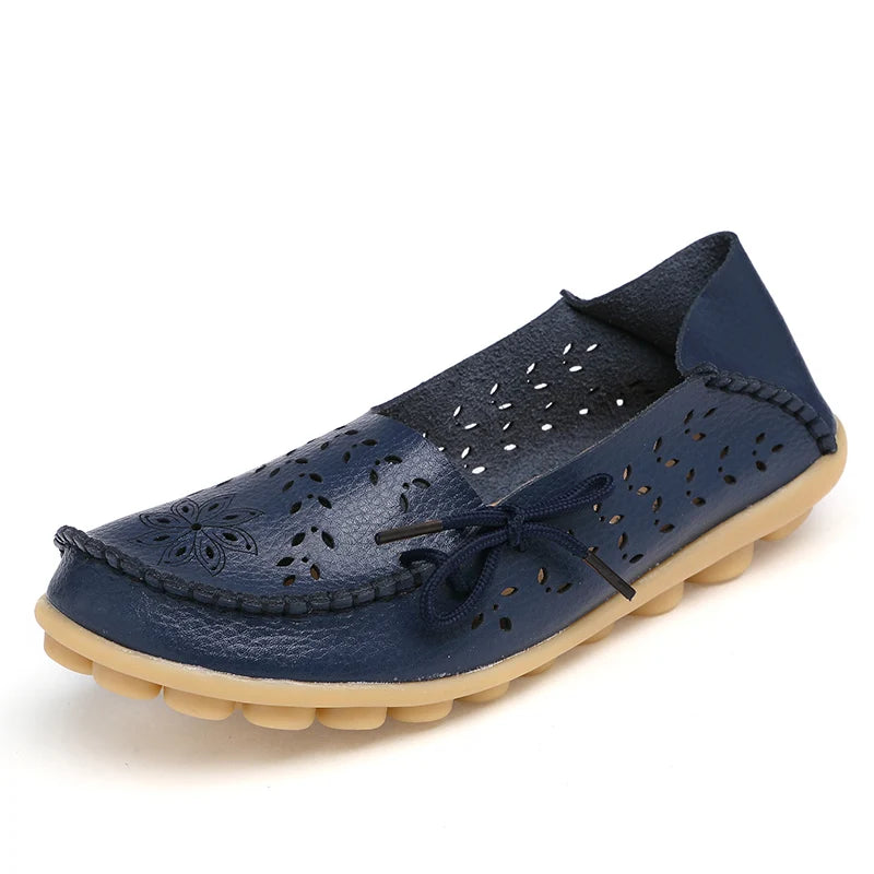 Mocassin Femme Cuir Respirant Motif Bleu Marine