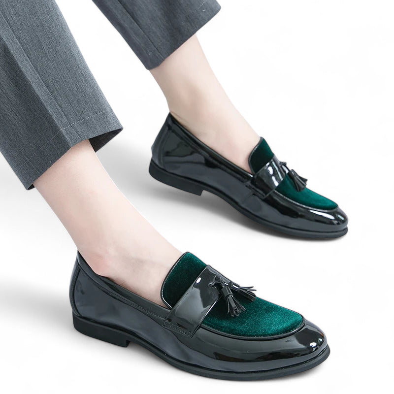Mocassin Cuir Noir Et Vert Vernis Homme