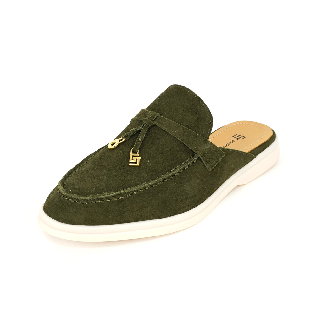 Mocassin Ouvert En Daim Kaki Femme