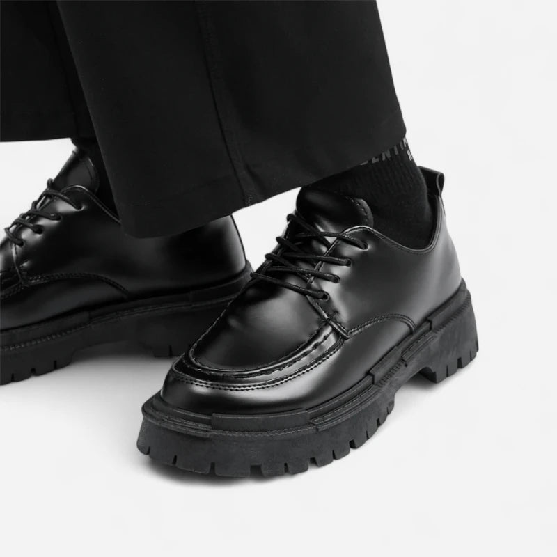 Mocassin Derby Compensé En Cuir Noir Semelle épaisse À Lacet Pour Homme