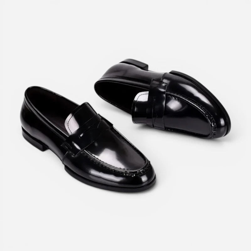 Mocassin Costume Mariage En Cuir Noir Vernis Talon Homme