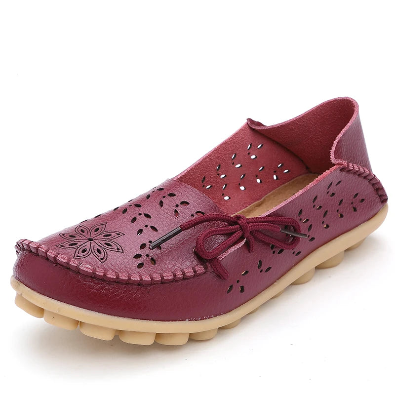 Mocassin Femme Cuir Respirant Motif Bordeaux
