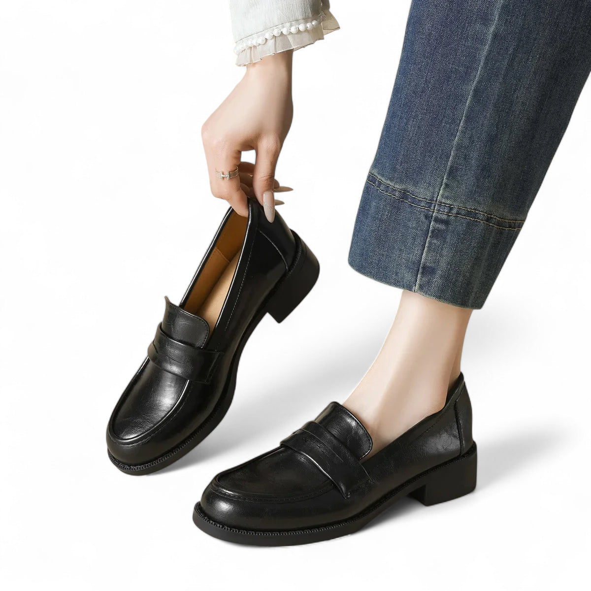 Mocassin En Cuir Vernis Noir à Talon Pour Femme