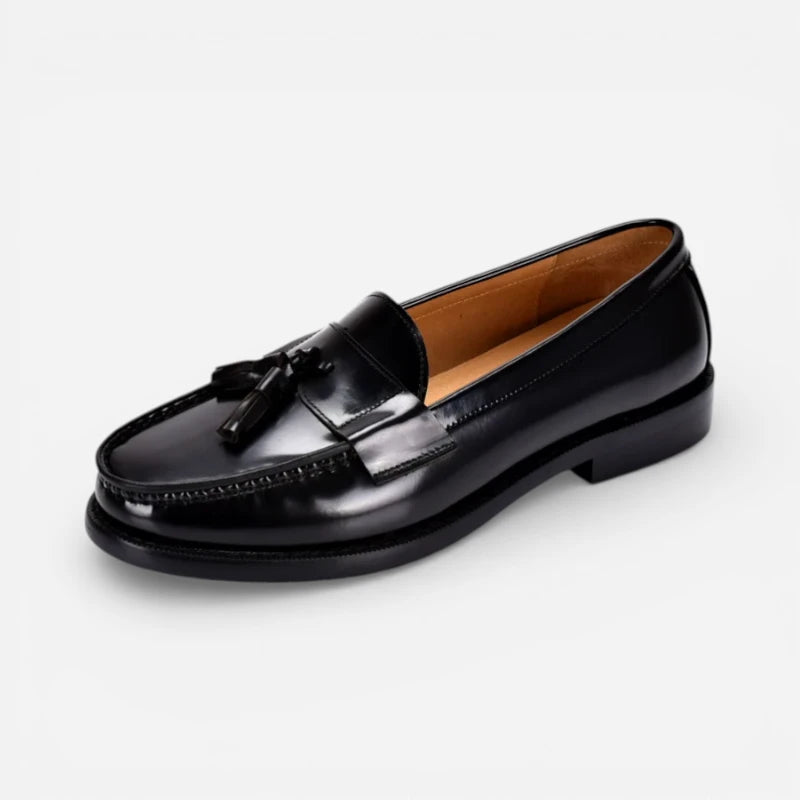 Mocassin Noir Vernis à Talon Et Glands Pour Homme