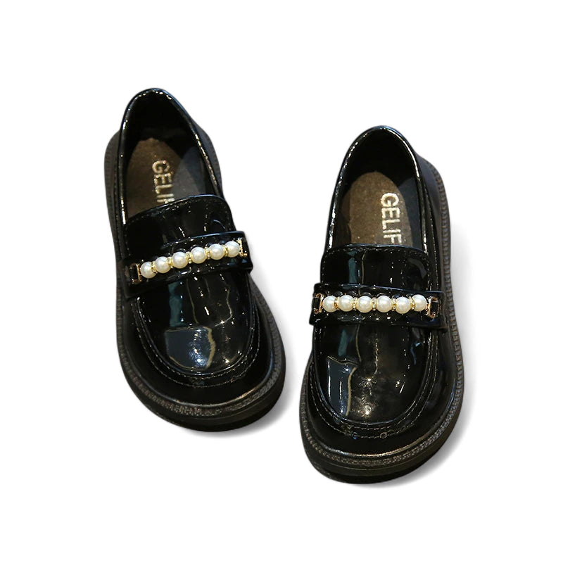 Mocassin Cuir Noir Fillette Perle